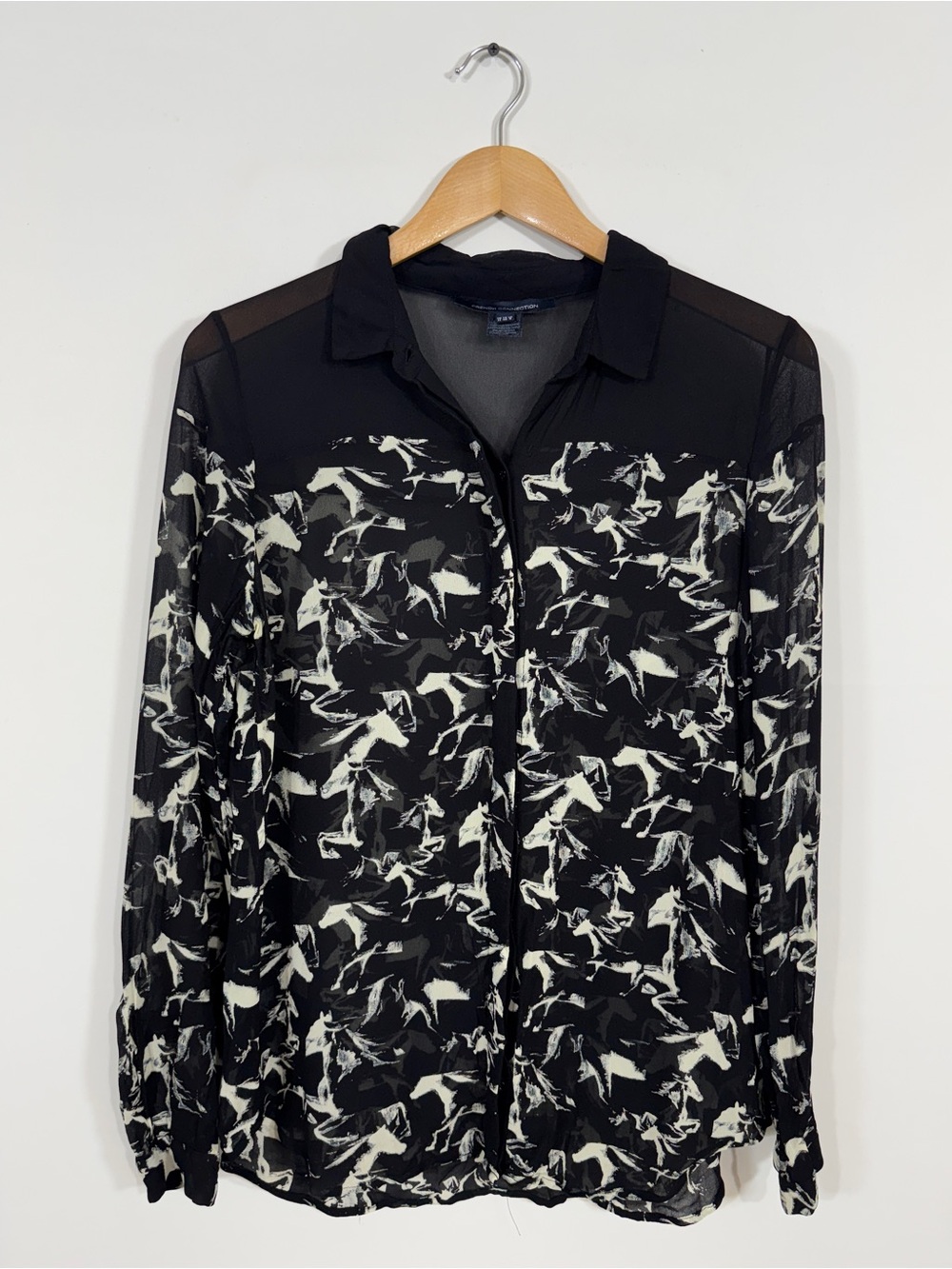 WSH110 {French Connection} Black Cream Print Sheer Chest Button Down Blouse Top